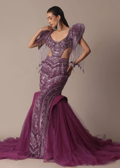 Deep Purple Organza Fishcut Gown With 3D Tassel Sleeves