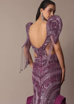 Deep Purple Organza Fishcut Gown With 3D Tassel Sleeves