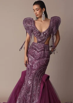 Deep Purple Organza Fishcut Gown With 3D Tassel Sleeves
