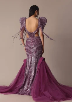 Deep Purple Organza Fishcut Gown With 3D Tassel Sleeves