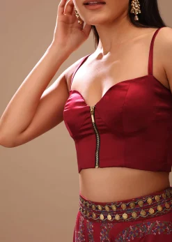 Deep Red Blouse In Satin With Front Zip Closure, Strap Sleeves And Corset Neckline