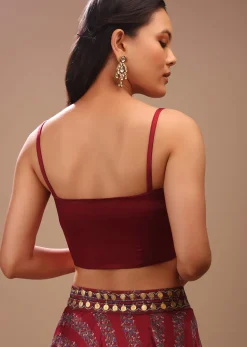 Deep Red Blouse In Satin With Front Zip Closure, Strap Sleeves And Corset Neckline