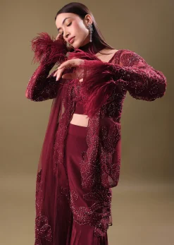 Deep Red Crepe Sharara And Blouse Set