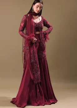 Deep Red Crepe Sharara And Blouse Set