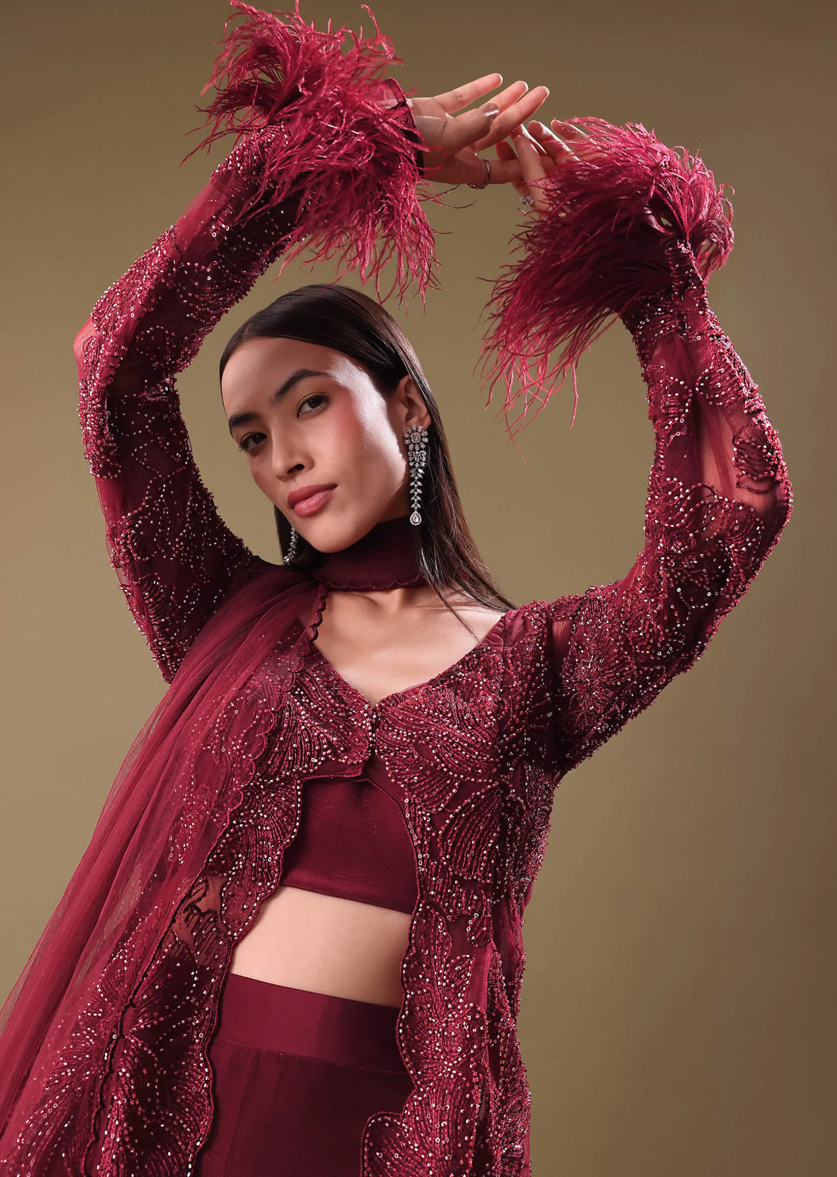 Deep Red Crepe Sharara And Blouse Set