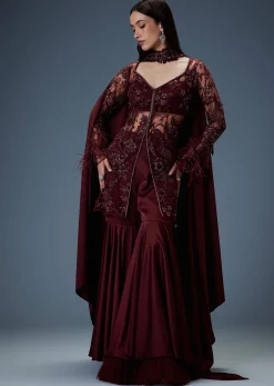 Deep Red Satin Dual Layer Gathered Sharara With Feather Sleeves Jacket And Bustier