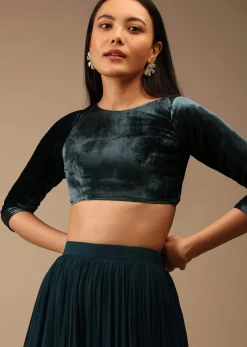 Deep Teal Blue Blouse In Velvet With Three Quarter Sleeves And Round Neckline