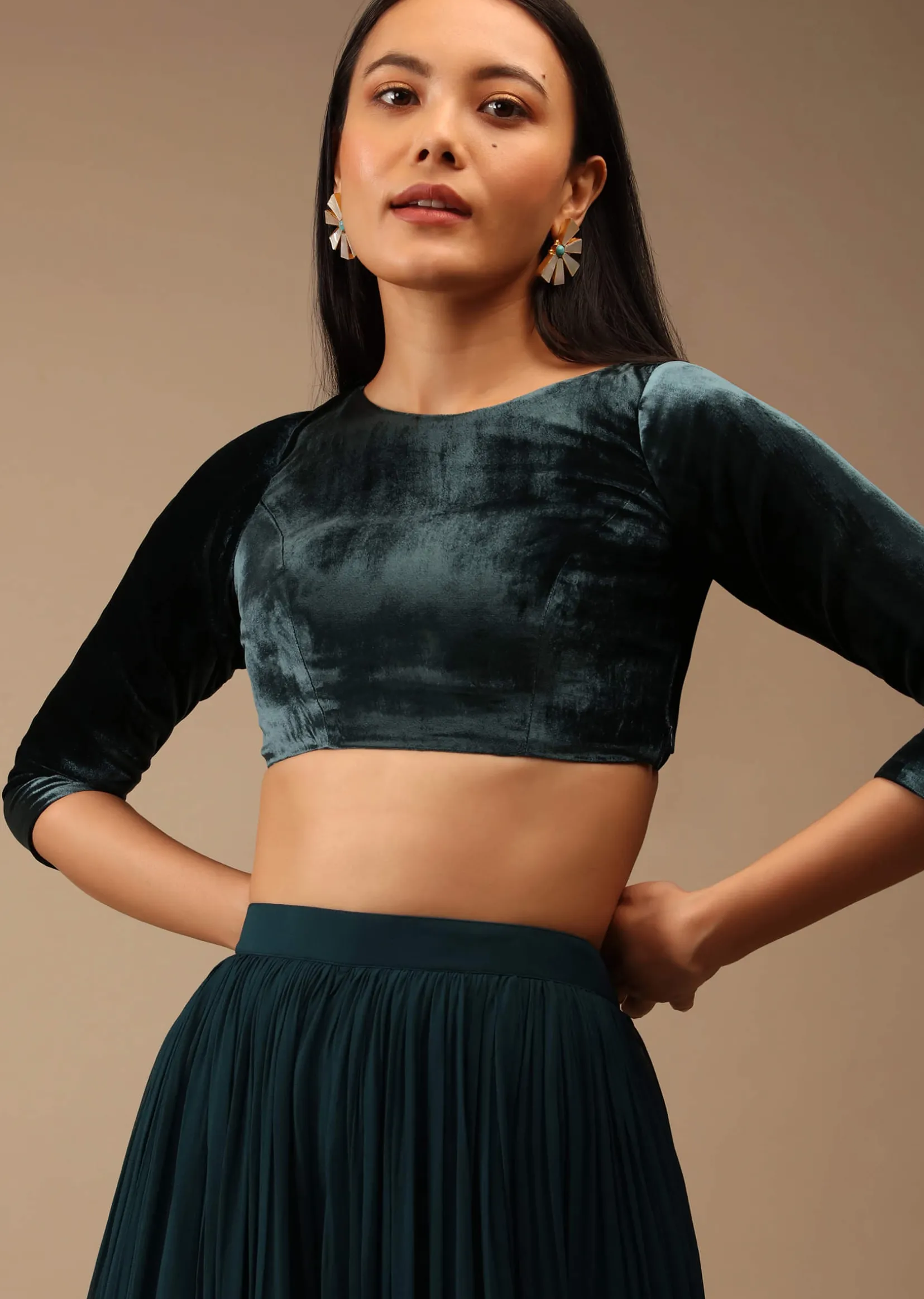 Deep Teal Blue Blouse In Velvet With Three Quarter Sleeves And Round Neckline