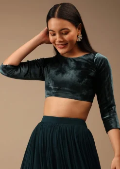 Deep Teal Blue Blouse In Velvet With Three Quarter Sleeves And Round Neckline