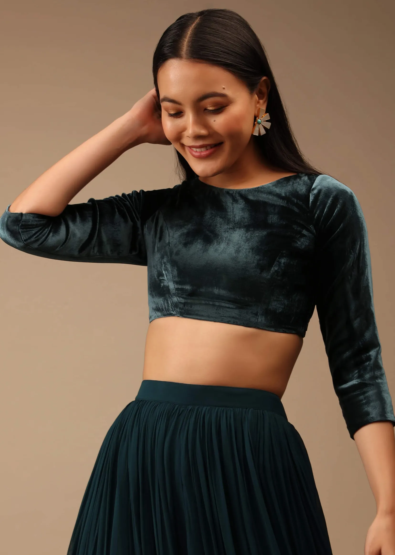 Deep Teal Blue Blouse In Velvet With Three Quarter Sleeves And Round Neckline