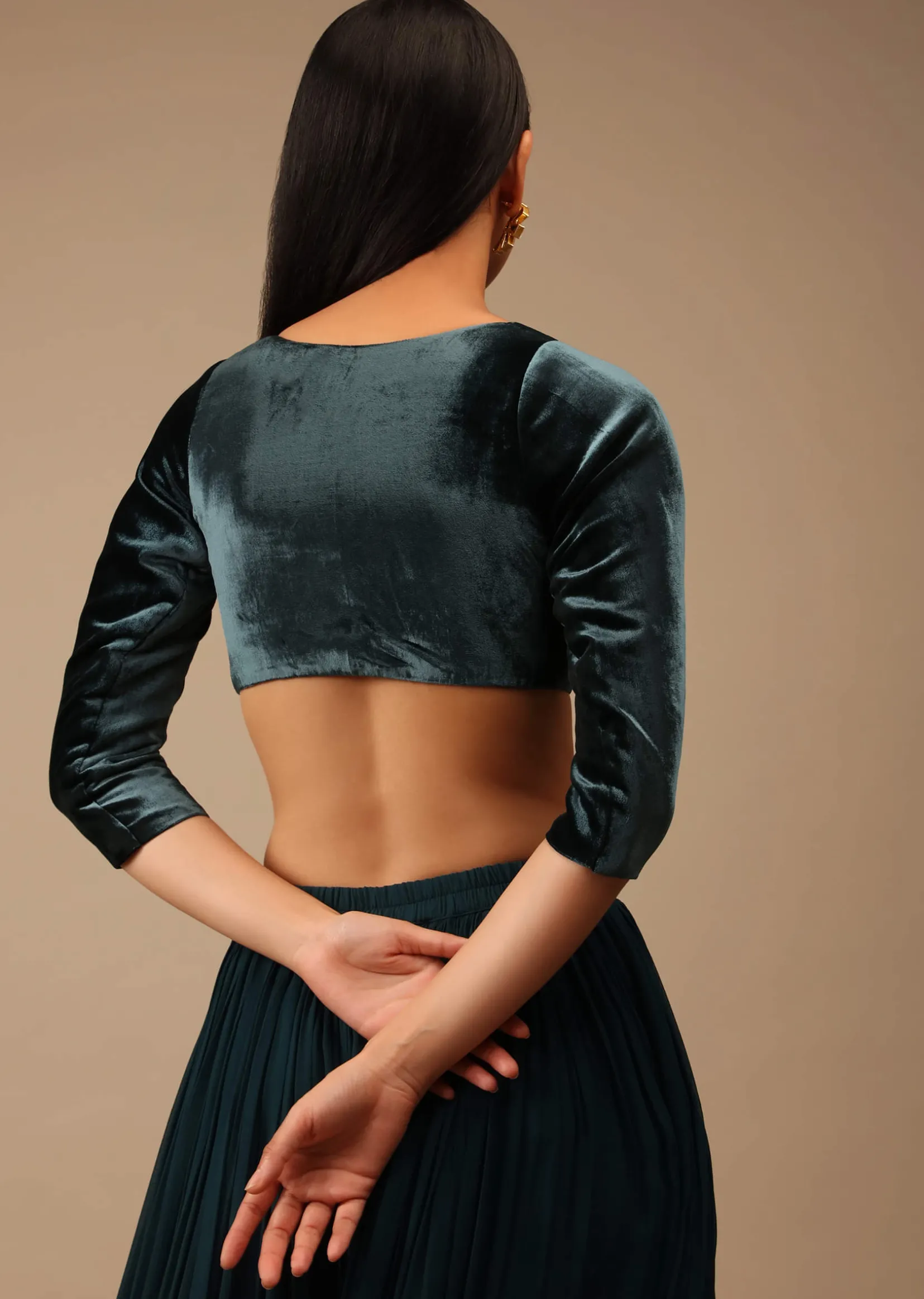 Deep Teal Blue Blouse In Velvet With Three Quarter Sleeves And Round Neckline