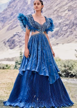 Deep Teal Blue Embroidered Layered Flared Gown With Fancy Sleeves