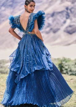 Deep Teal Blue Embroidered Layered Flared Gown With Fancy Sleeves