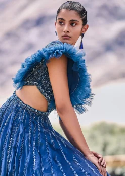 Deep Teal Blue Embroidered Layered Flared Gown With Fancy Sleeves