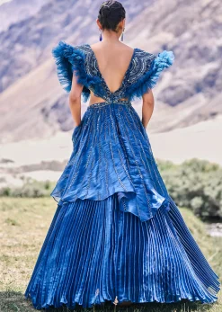 Deep Teal Blue Embroidered Layered Flared Gown With Fancy Sleeves