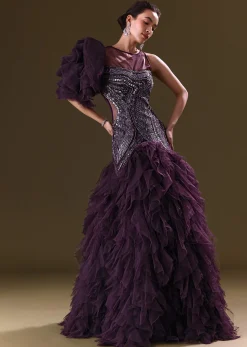 Deep Violet Mermaid Fit Asymmetric Gown With Ruffle Detailing