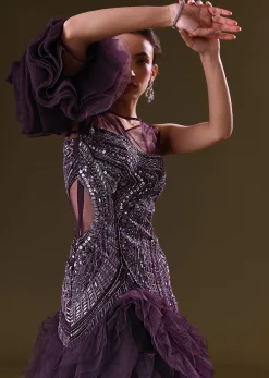 Deep Violet Mermaid Fit Asymmetric Gown With Ruffle Detailing