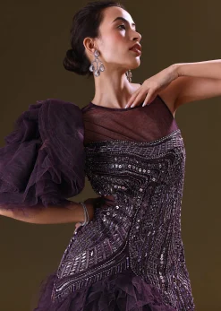 Deep Violet Mermaid Fit Asymmetric Gown With Ruffle Detailing