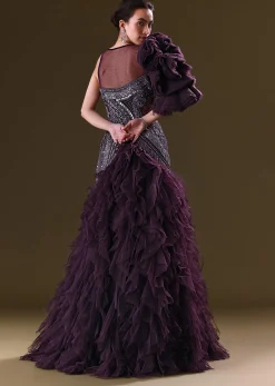 Deep Violet Mermaid Fit Asymmetric Gown With Ruffle Detailing