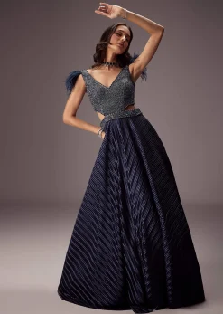 Double Ghera Navy Gown With Feather Accents