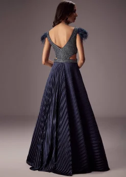 Double Ghera Navy Gown With Feather Accents