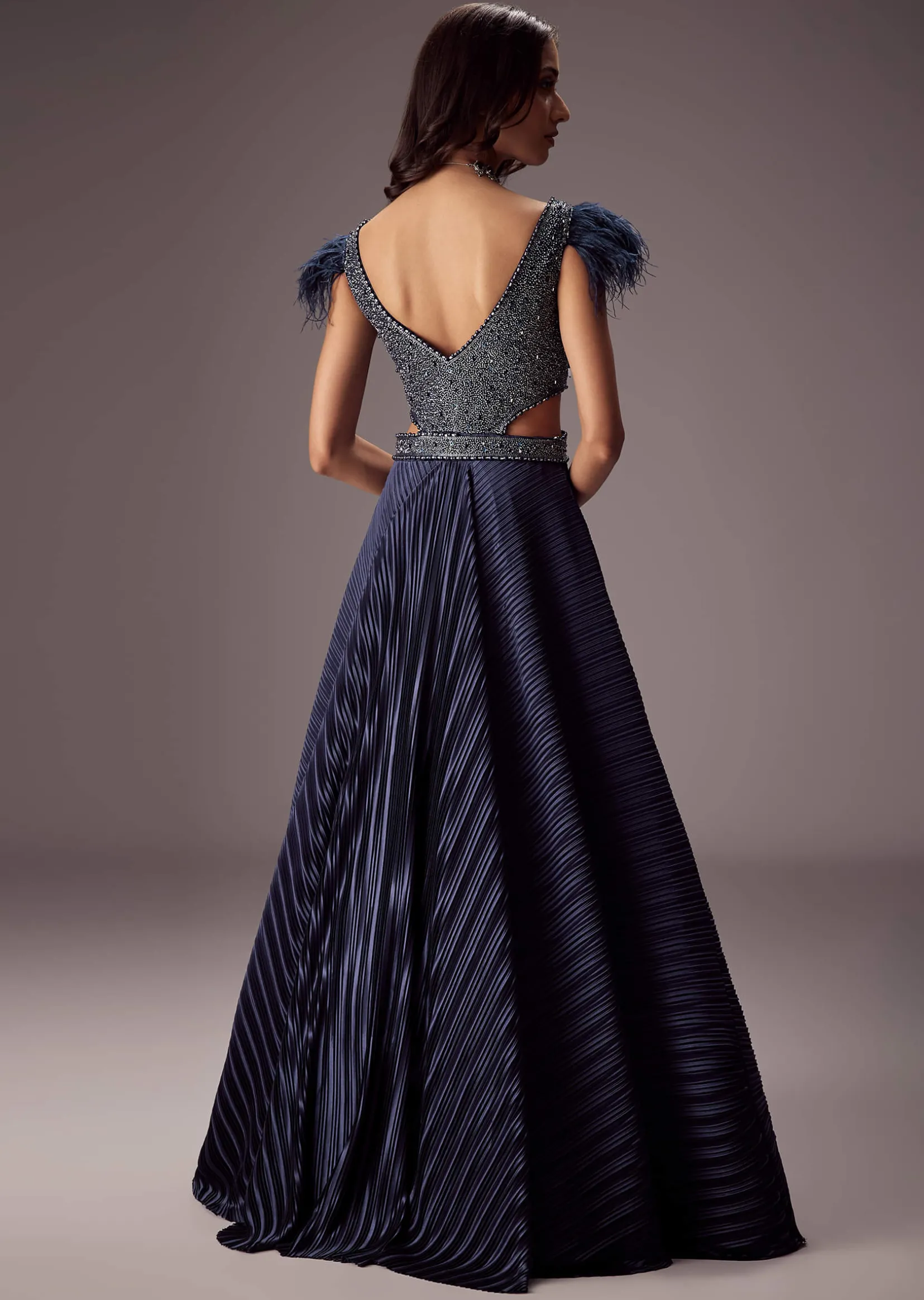 Double Ghera Navy Gown With Feather Accents