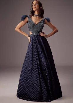Double Ghera Navy Gown With Feather Accents