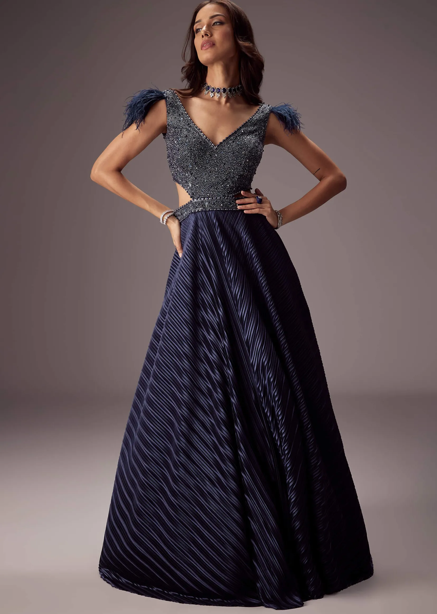 Double Ghera Navy Gown With Feather Accents