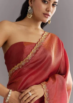 Dusky Brown Crushed Tissue Saree With Stones Cutdana Embroidered Scallop Border