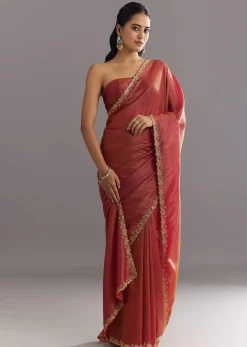 Dusky Brown Crushed Tissue Saree With Stones Cutdana Embroidered Scallop Border
