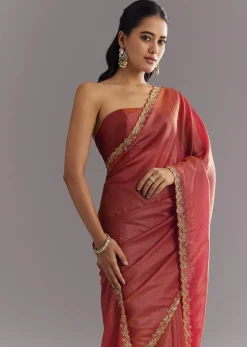 Dusky Brown Crushed Tissue Saree With Stones Cutdana Embroidered Scallop Border