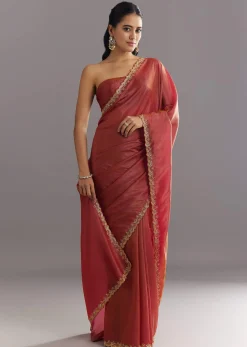 Dusky Brown Crushed Tissue Saree With Stones Cutdana Embroidered Scallop Border