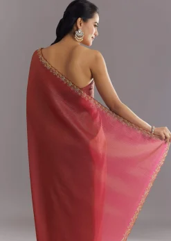 Dusky Brown Crushed Tissue Saree With Stones Cutdana Embroidered Scallop Border
