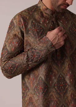 Dusky Brown Festive Silk Kurta Set For Men