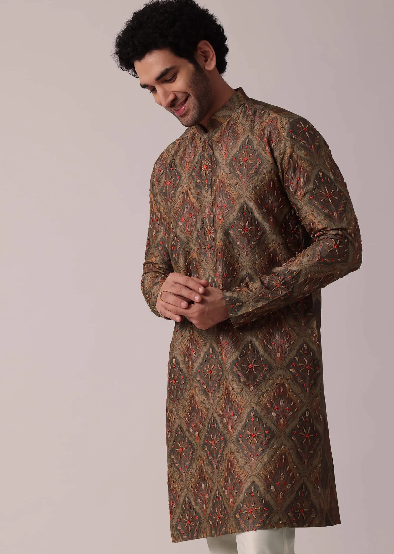 Dusky Brown Festive Silk Kurta Set For Men