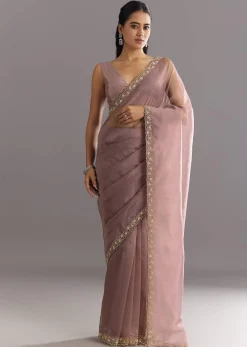 Dusky Lavender Organza Saree With Stones Cutdana Sequins Embroidery