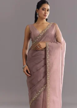 Dusky Lavender Organza Saree With Stones Cutdana Sequins Embroidery