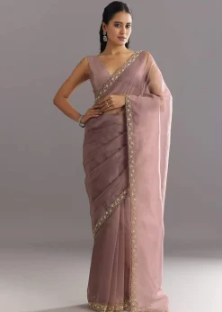 Dusky Lavender Organza Saree With Stones Cutdana Sequins Embroidery