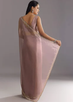 Dusky Lavender Organza Saree With Stones Cutdana Sequins Embroidery
