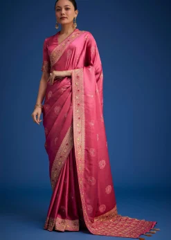 Dusky Orange Dola Silk Saree With Embroidered Border And Pallu
