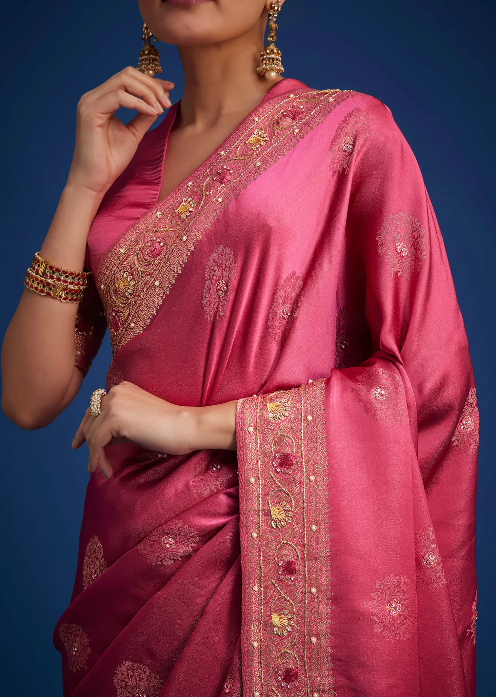 Dusky Orange Dola Silk Saree With Embroidered Border And Pallu