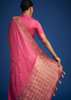 Dusky Orange Dola Silk Saree With Embroidered Border And Pallu