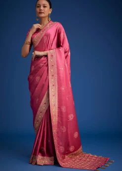 Dusky Orange Dola Silk Saree With Embroidered Border And Pallu