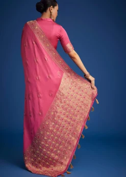 Dusky Orange Dola Silk Saree With Embroidered Border And Pallu