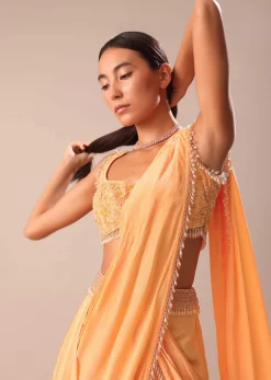 Dusky Peach Pre Stitched Saree With Embroidered Blouse