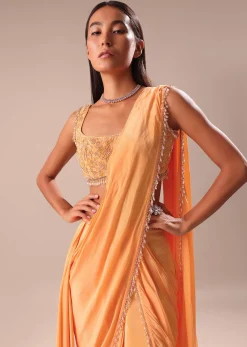 Dusky Peach Pre Stitched Saree With Embroidered Blouse