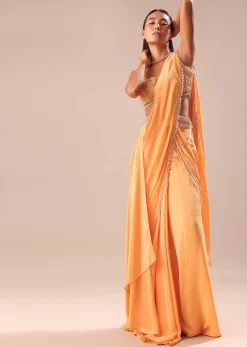 Dusky Peach Pre Stitched Saree With Embroidered Blouse