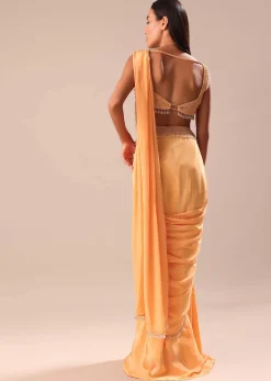 Dusky Peach Pre Stitched Saree With Embroidered Blouse