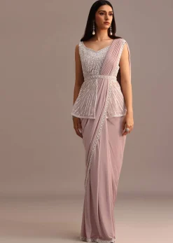 Dusky Pink Ready Pleated Saree With Embroidered Blouse