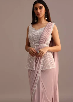 Dusky Pink Ready Pleated Saree With Embroidered Blouse